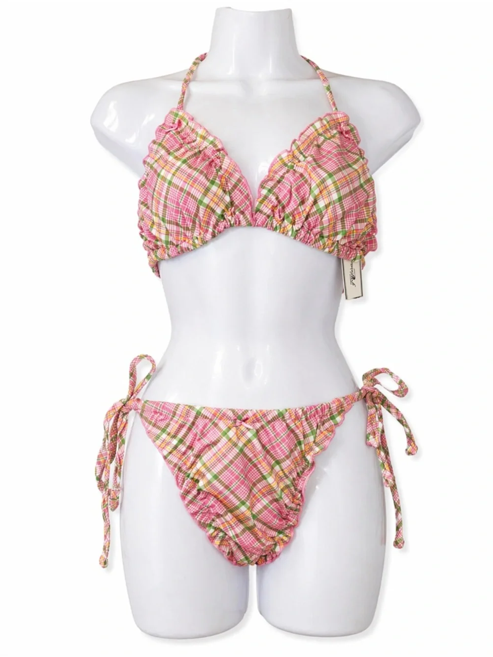 Frankie’s Bikinis Pink Plaid Ruffle Bikini Set Size Large NWT